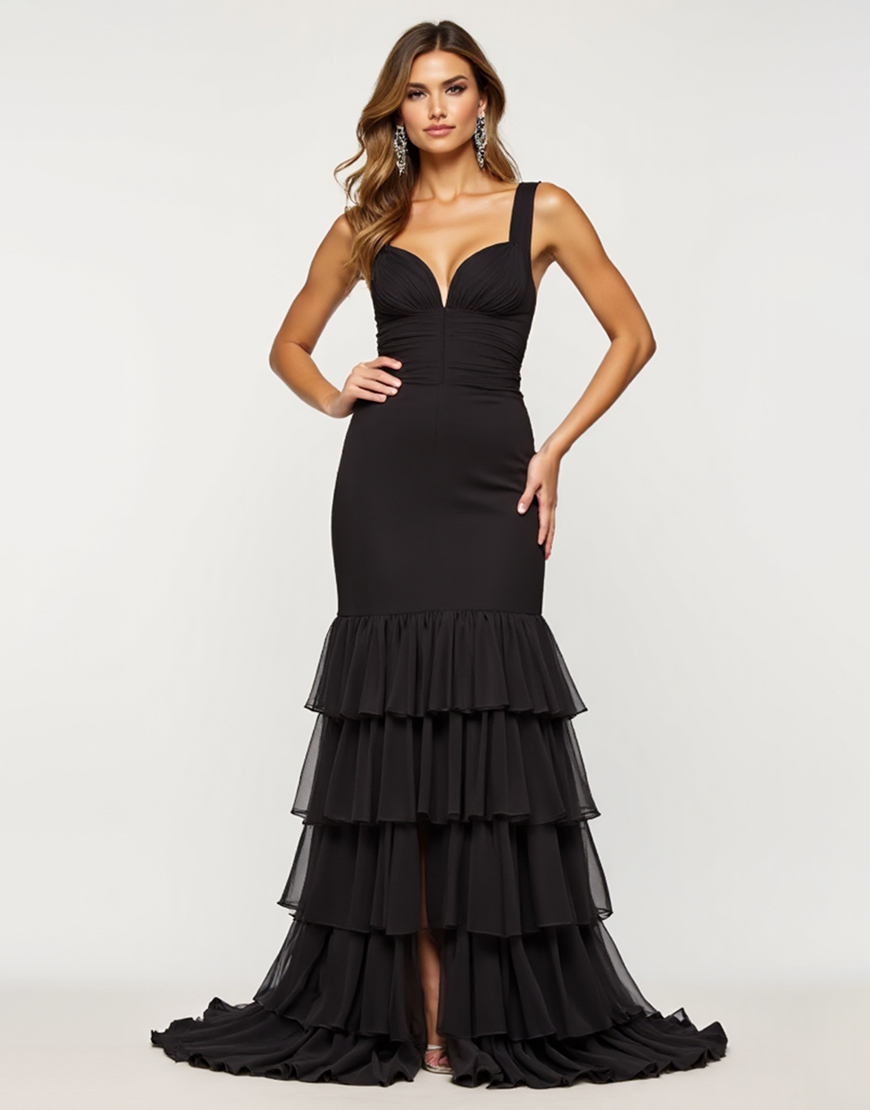 Black Sheath Tulle Tiered V-Neck Long Prom Dress with Slit