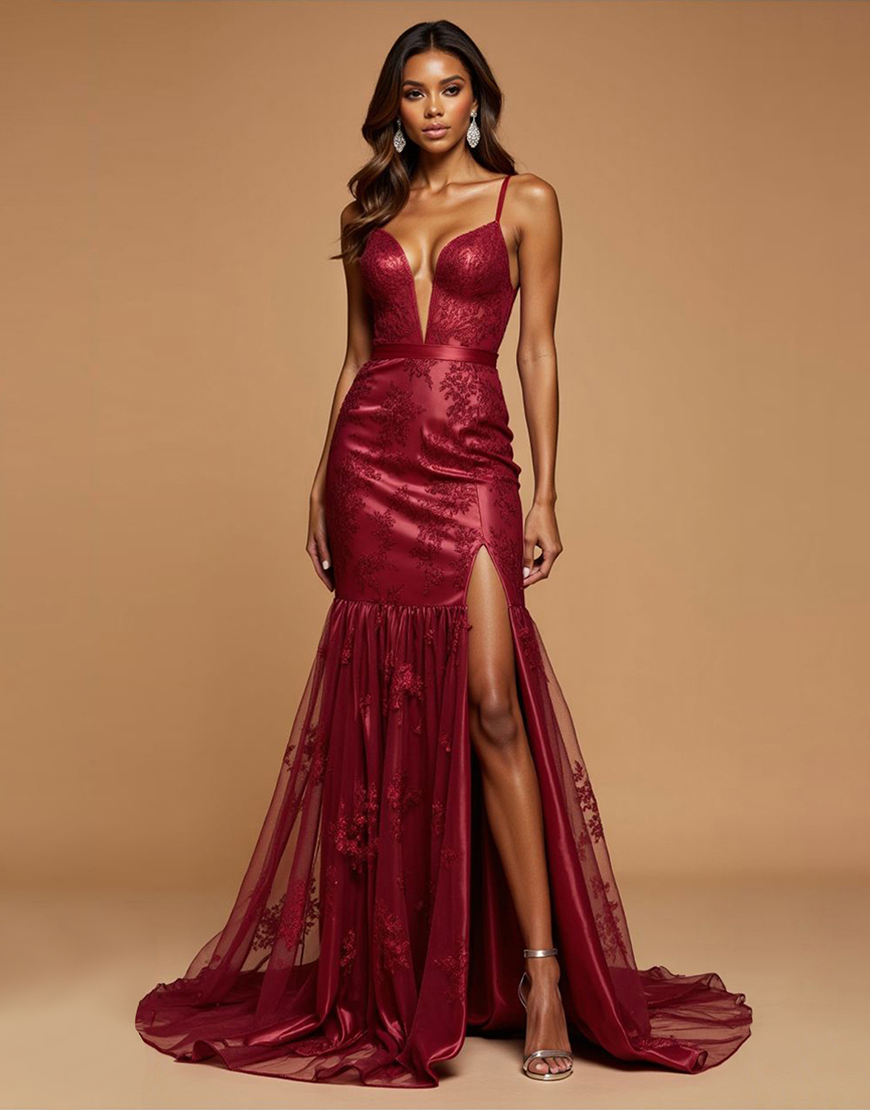 Sparkly Dark Red Mermaid Spaghetti Straps Slit Long Tulle Prom Dress with Appliques