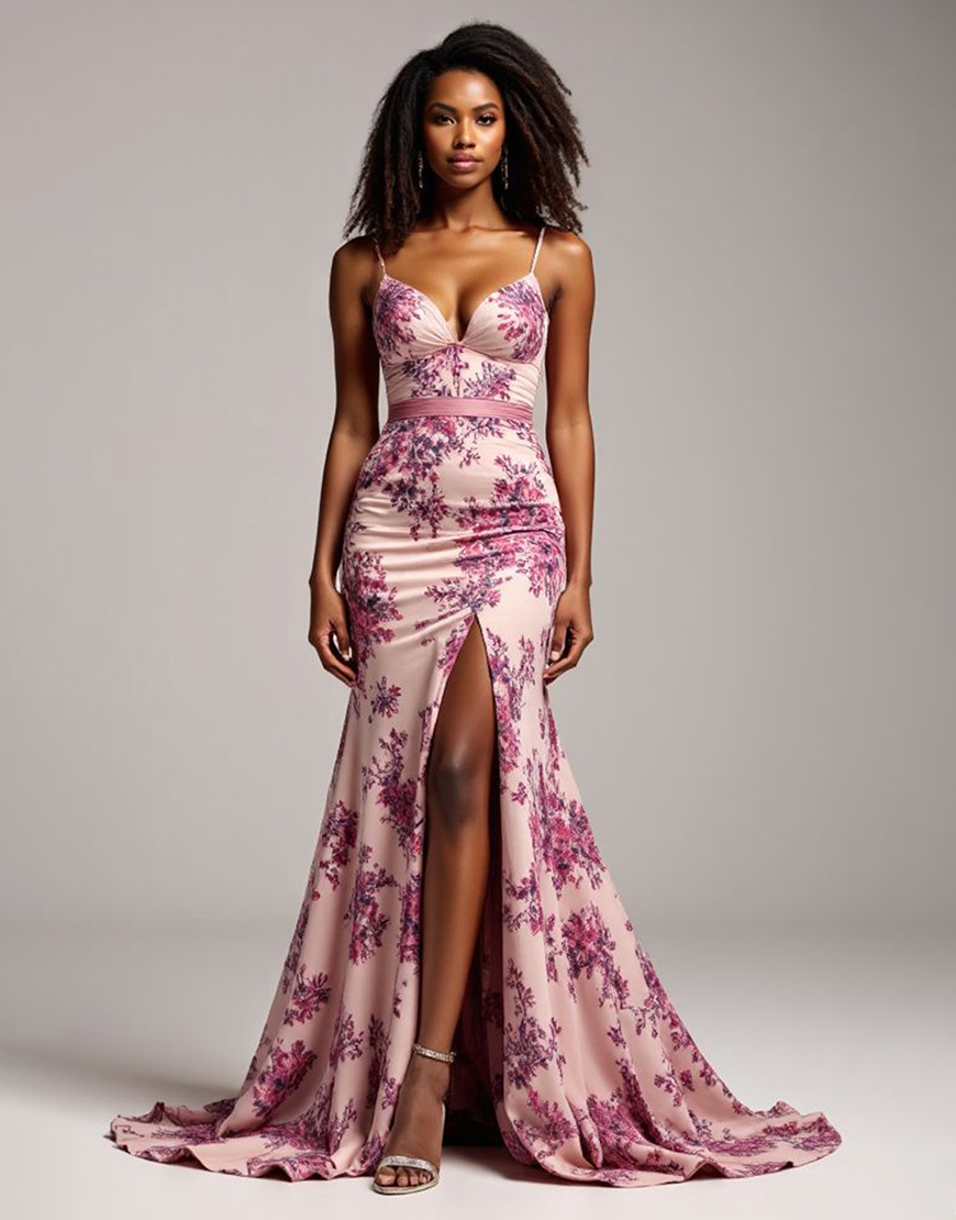 Blush Flower Mermaid Satin Spaghetti Straps Floral Long Prom Dress with Slit