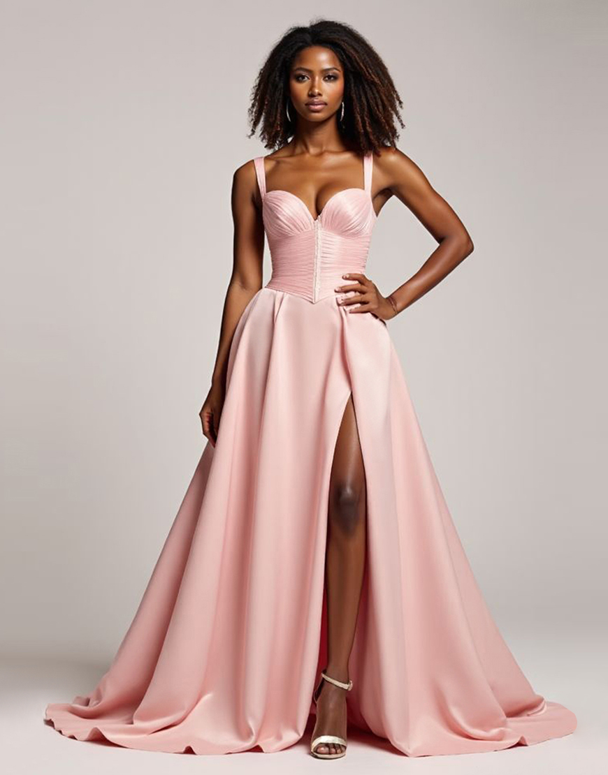 Blush Pink A Line Satin Spaghetti Straps Ruched Long Prom Dress with Slit