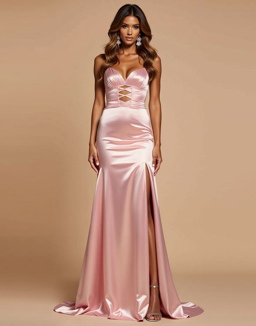 Blush Pink Mermaid Spaghetti Straps Satin Long Prom Dress with Slit
