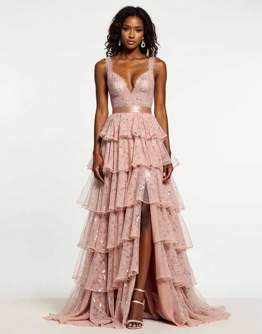 Sparkly Dusty Rose A Line Sequin Tiered Long Tulle Prom Dress with Slit