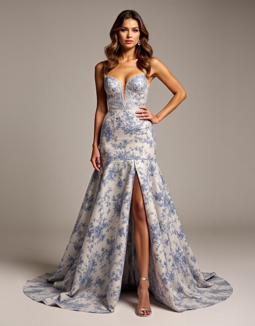 Blue Flower Mermaid Spaghetti Straps Satin Long Prom Dress with Slit