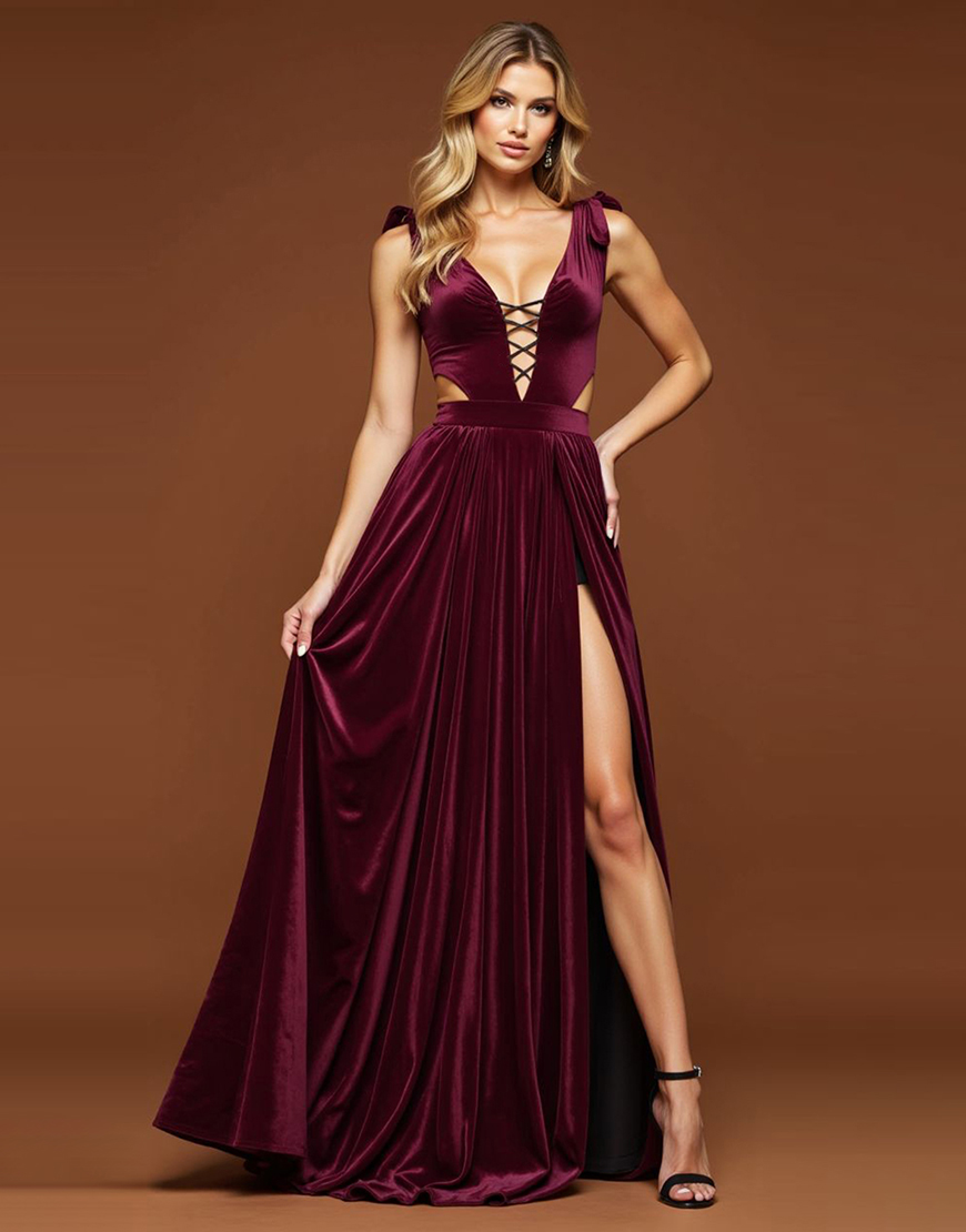 A Line Purple Pleated Cut-Out Deep V-Neck Velvet Long Prom Dress with Slit