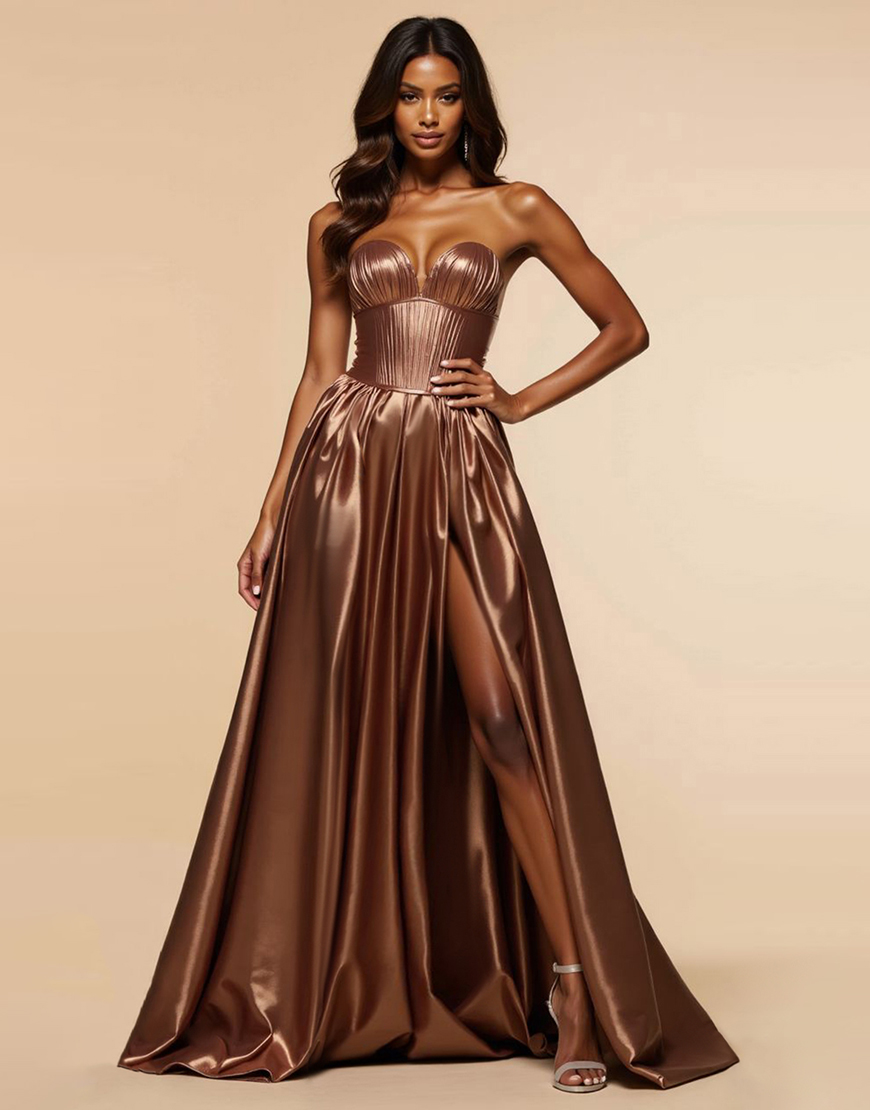 Brown A Line Sweetheart Corset Metallic Long Prom Dress with Slit