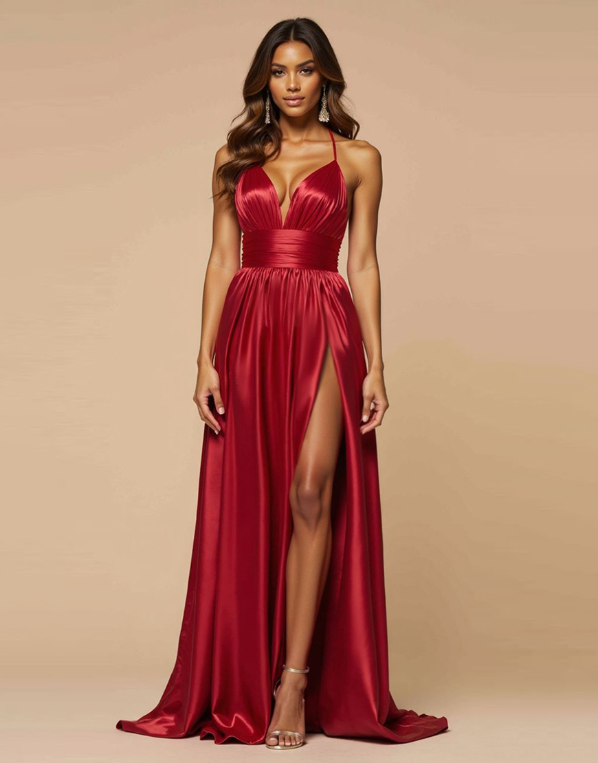 Dark Red A Line Halter Satin Pleated Long Prom Dress with Slit