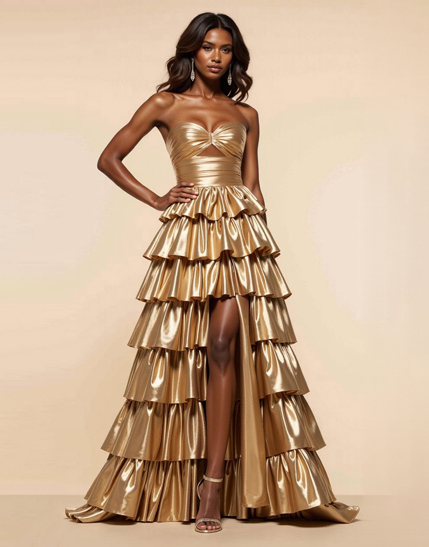 Golden A Line Sweetheart Tiered Metallic Long Prom Dress with Slit