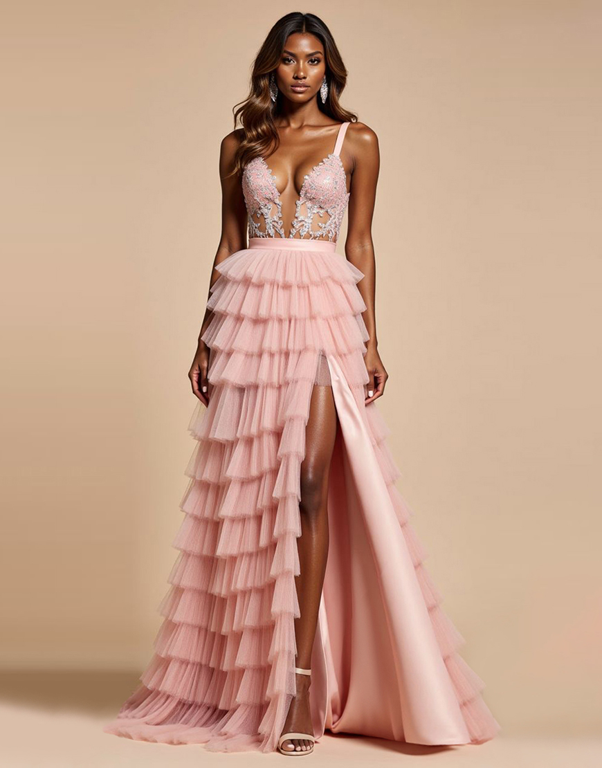 Blush Pink A Line Spaghetti Straps Tulle Tiered Long Prom Dress with Slit