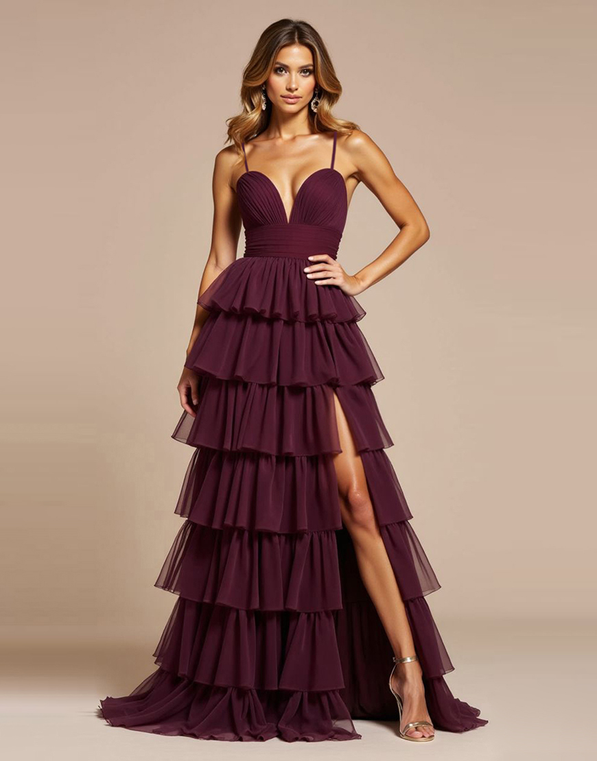 Purple A Line Spaghetti Straps Tiered Long Tulle Prom Dress with Slit