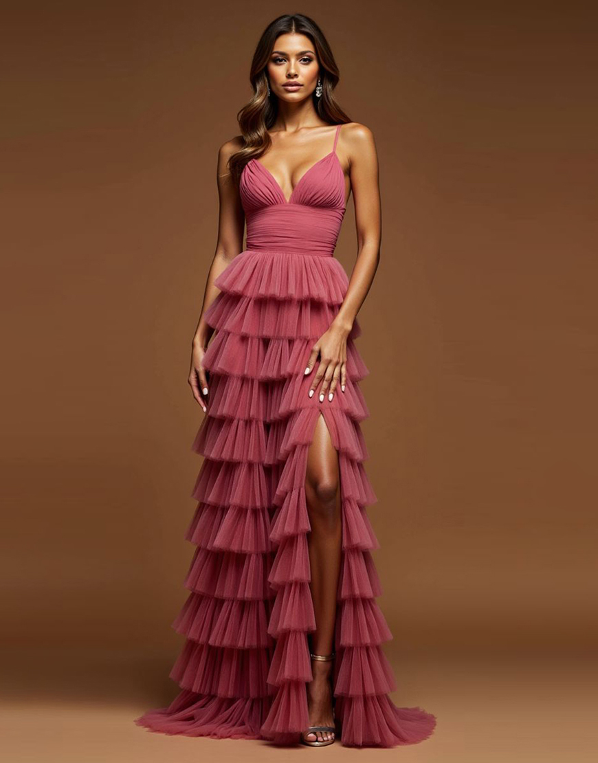 Desert Rose A Line Spaghetti Straps Tulle Tiered Long Prom Dress with Slit