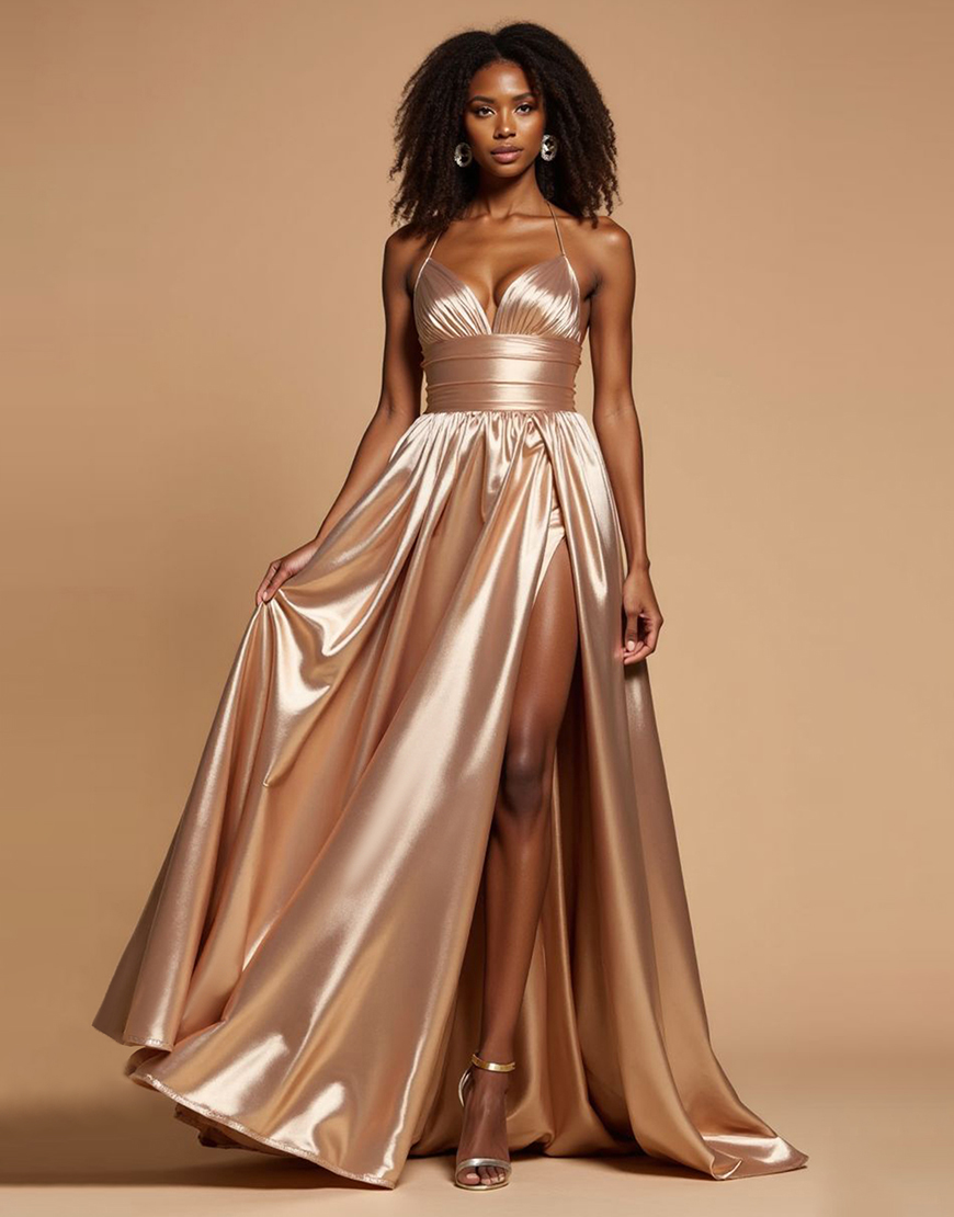 Golden A Line Halter Pleated Long Satin Prom Dress with Slit