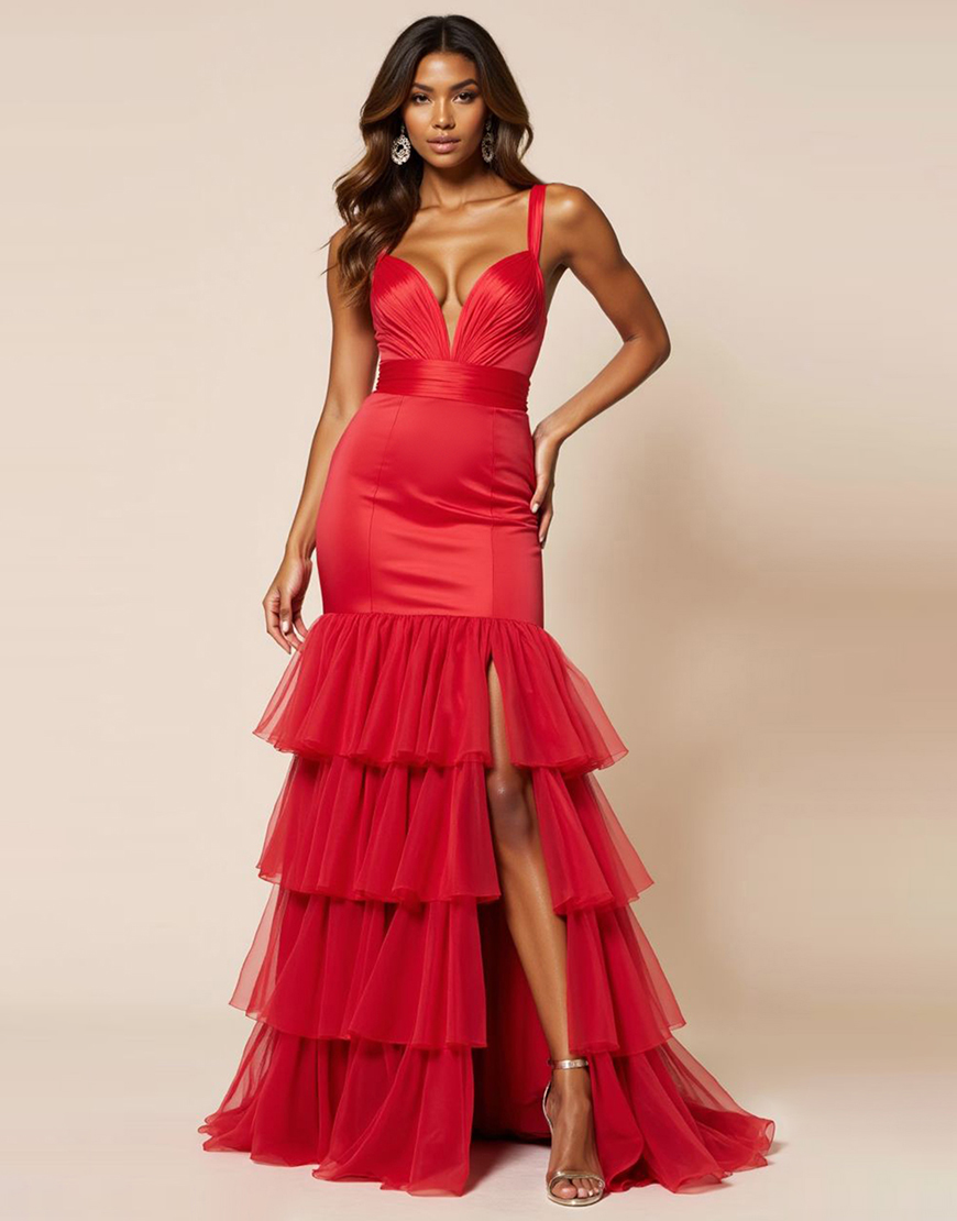 Red Mermaid Spaghetti Straps Tulle Tiered Long Prom Dress with Slit