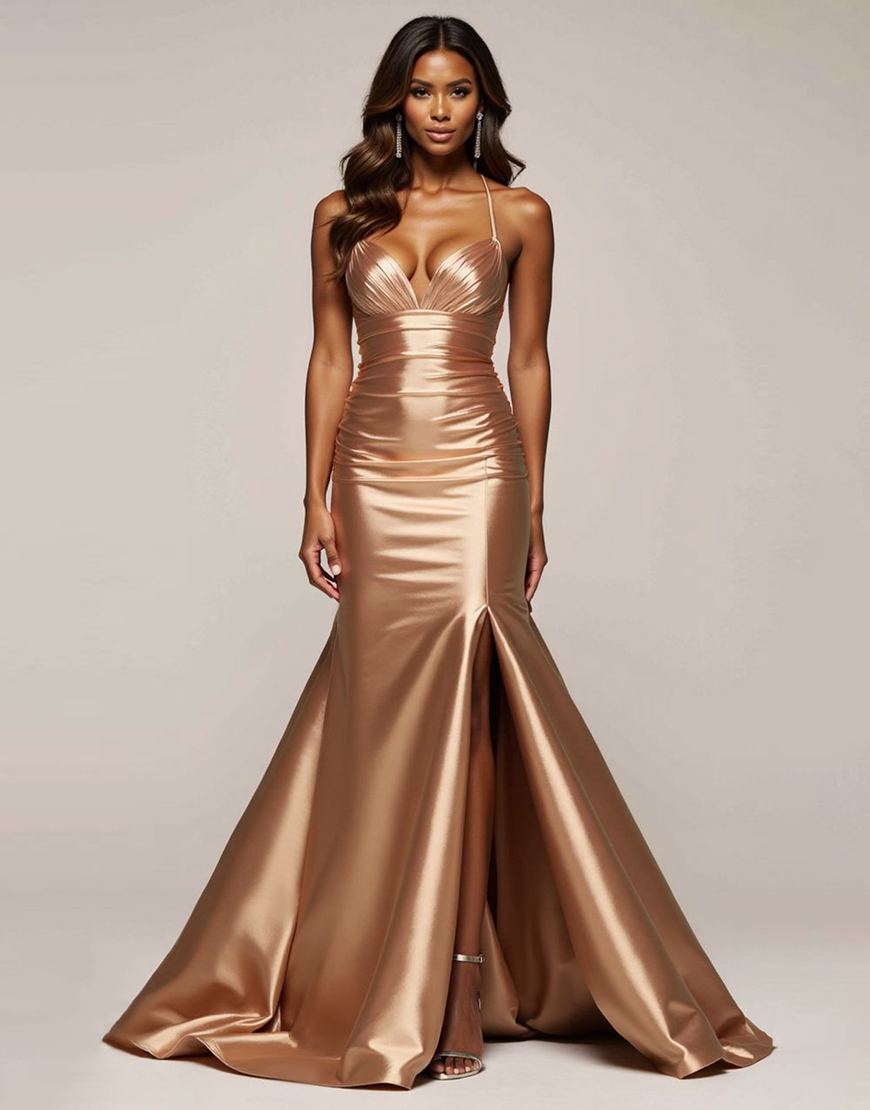 Golden Mermaid Halter Metallic Long Satin Prom Dress with Slit