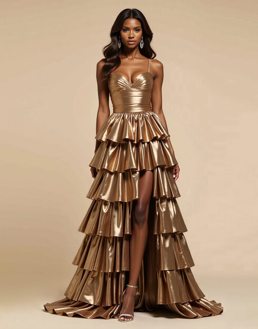 Metallic Golden A Line Spaghetti Straps Satin Tiered Long Prom Dress with Slit
