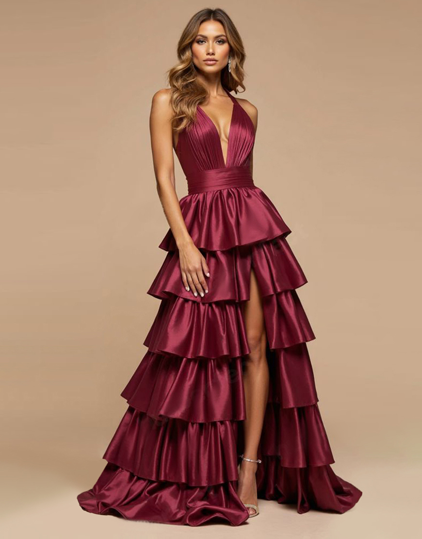 Burgundy A Line Deep V-Neck Tiered Long Satin Prom Dress with Slit