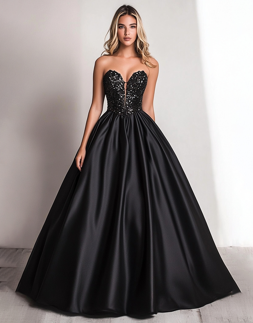 Sparkly Black A Line Sweetheart Satin Corset Long Prom Dress with Sequin