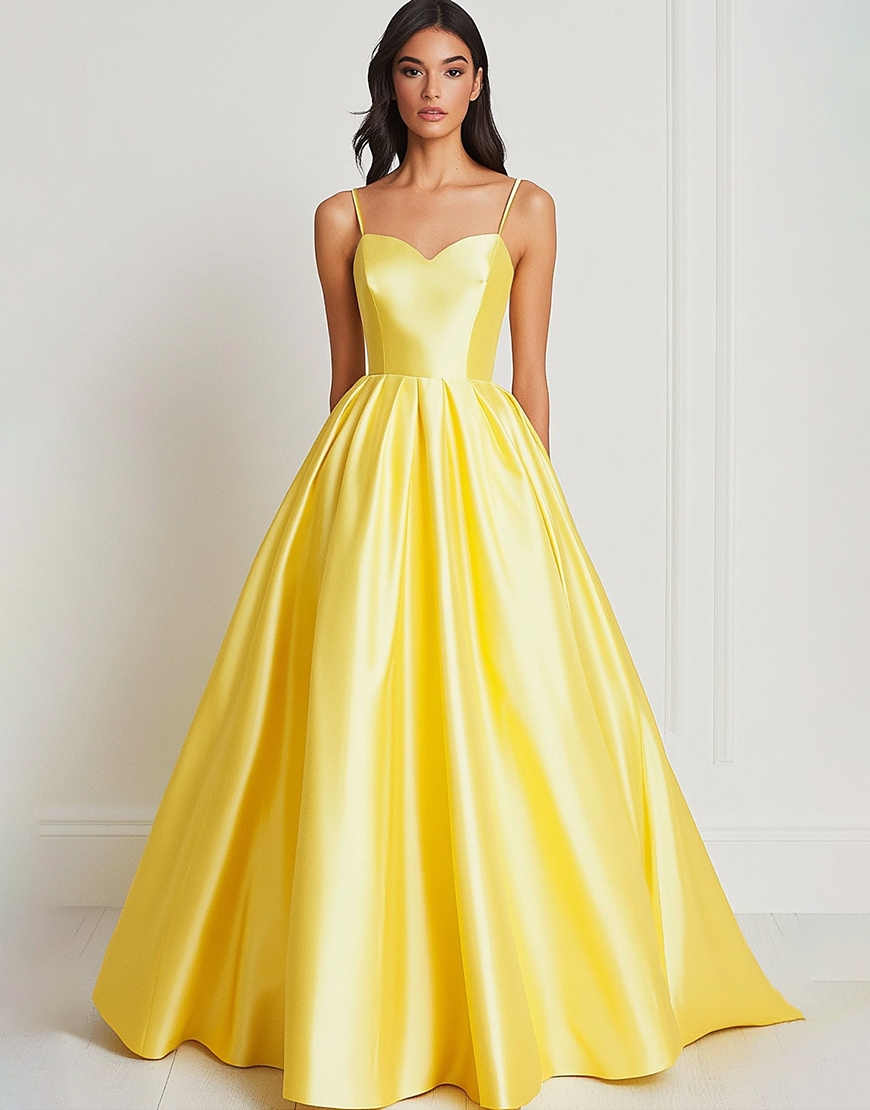 Yellow A Line Satin Spaghetti Straps Long Satin Prom Dress