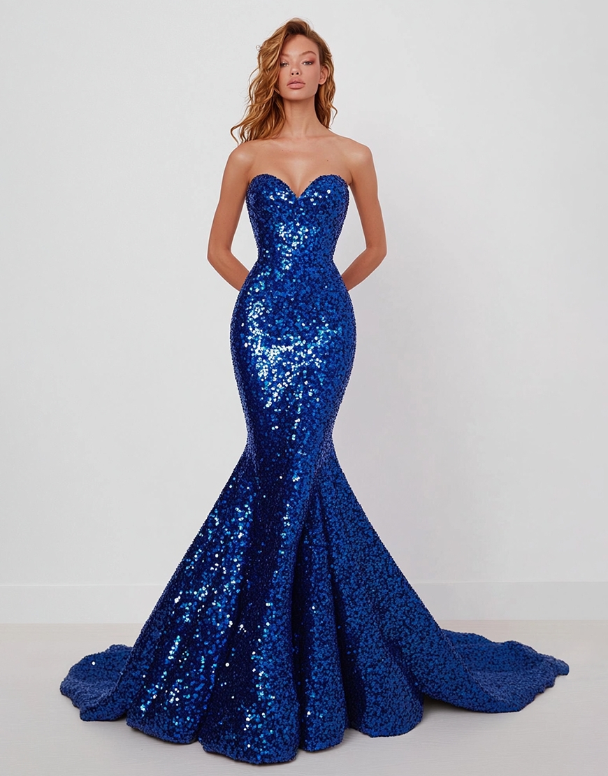 Sparkly Royal Blue Mermaid Strapless Long Prom Dress with Sequin