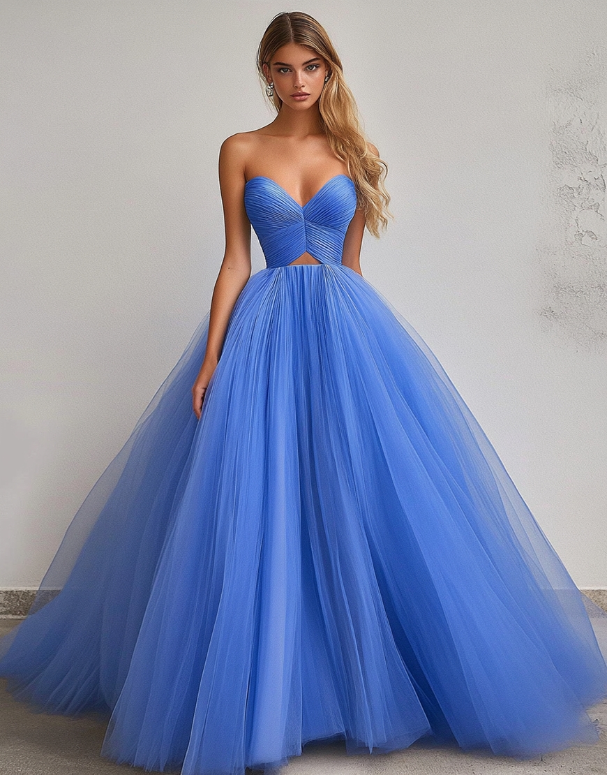 Blue Ball Gown Tulle Sweetheart Pleated Long Prom Dress