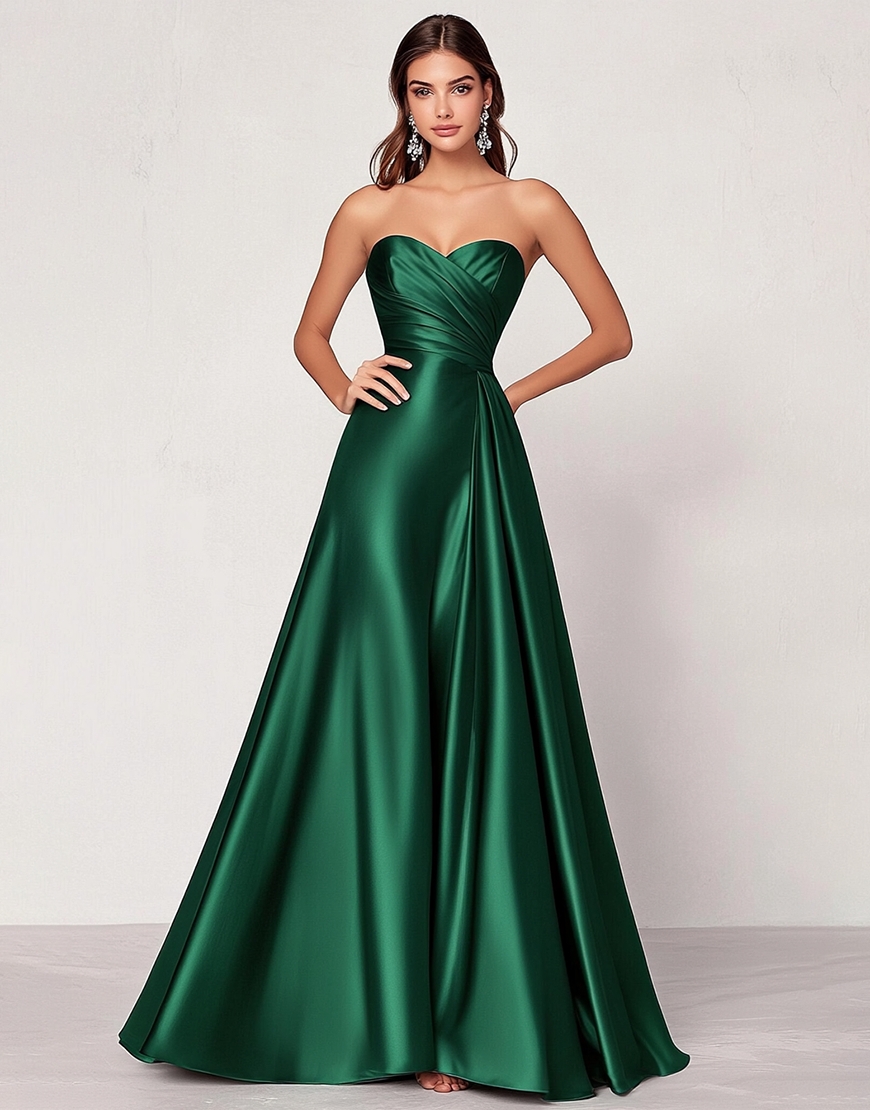 Dark Green A Line Strapless Ruched Long Satin Prom Dress