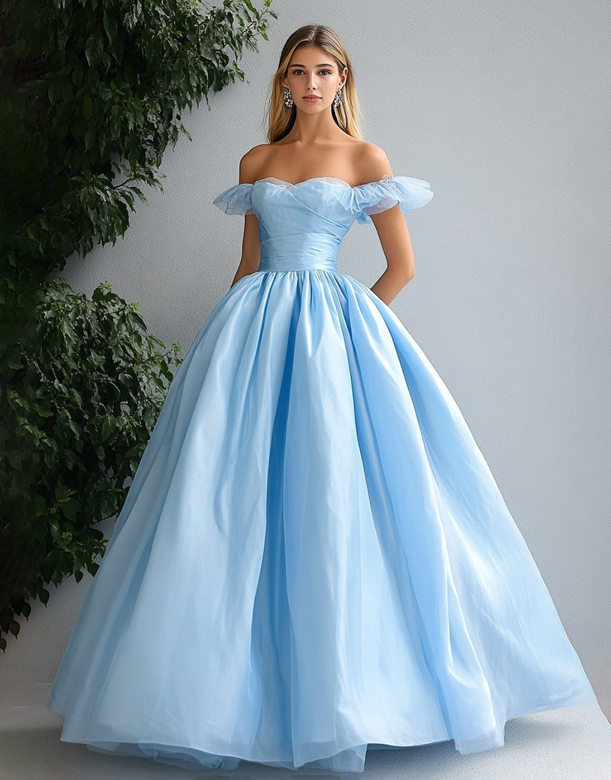 Ball Gown Sky Blue Off the Shoulder Long Satin Prom Dress