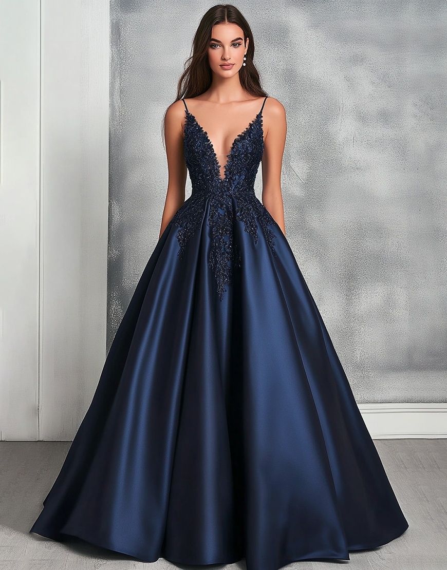 Navy A Line Satin Spaghetti Straps Long Prom Dress with Lace Appliques