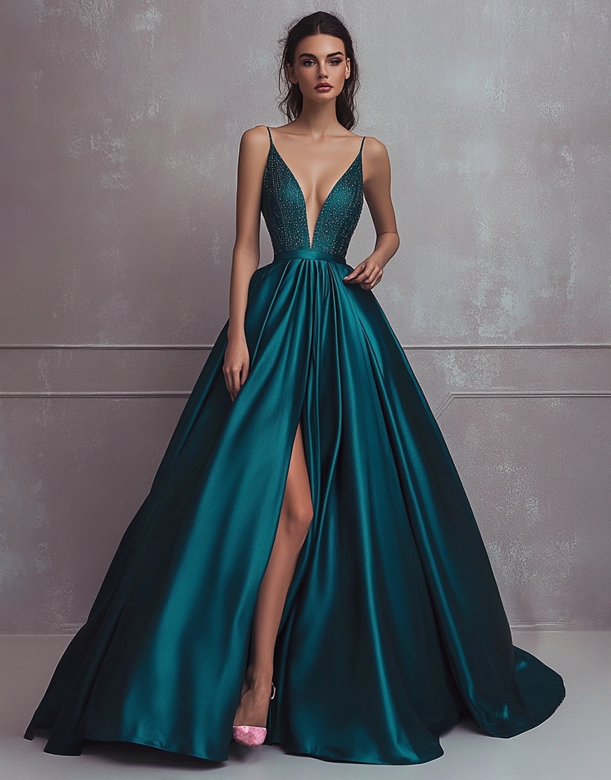 Dark Green A Line Spaghetti Straps Satin Beaded Long Prom Dress with Slit