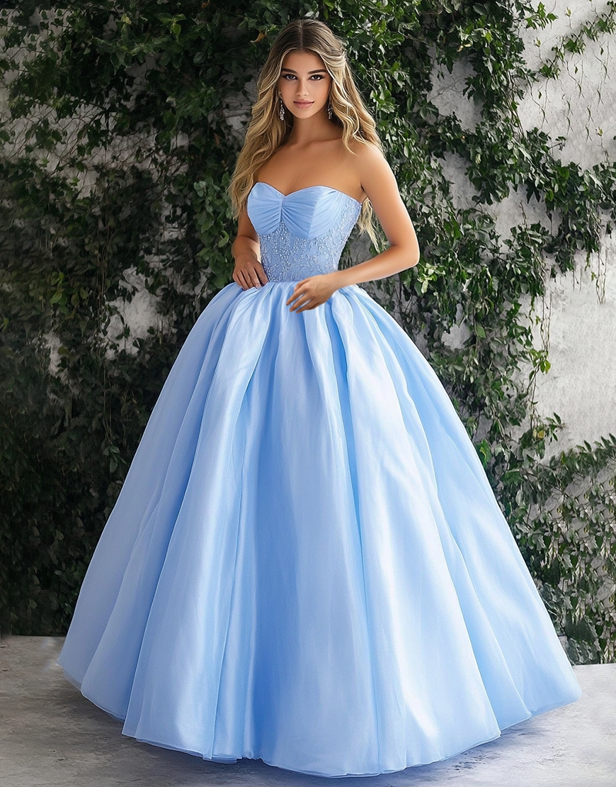 Ball Gown Sky Blue Strapless Long Prom Dress with Appliques