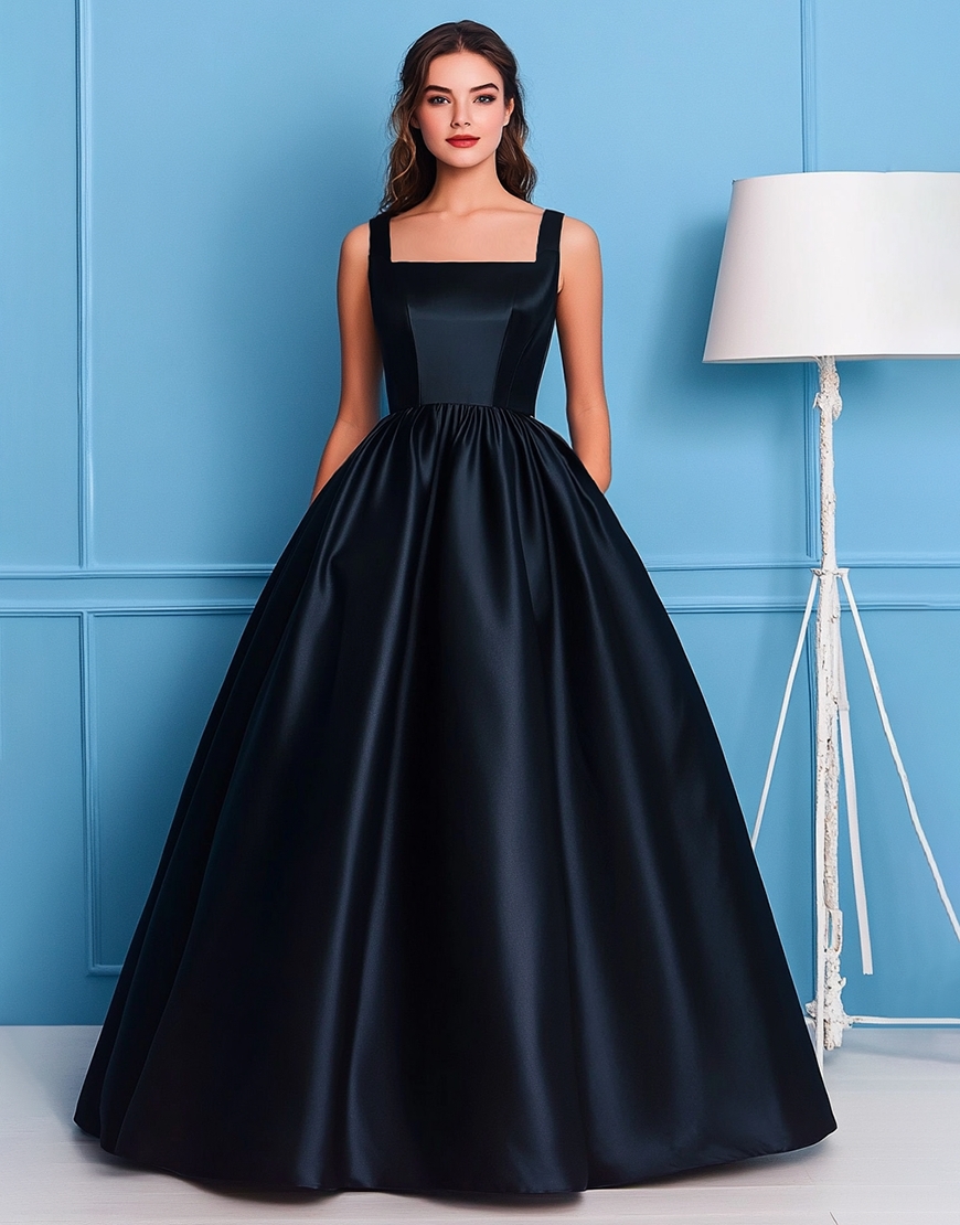 A Line Black Satin Square Neck Long Prom Dress