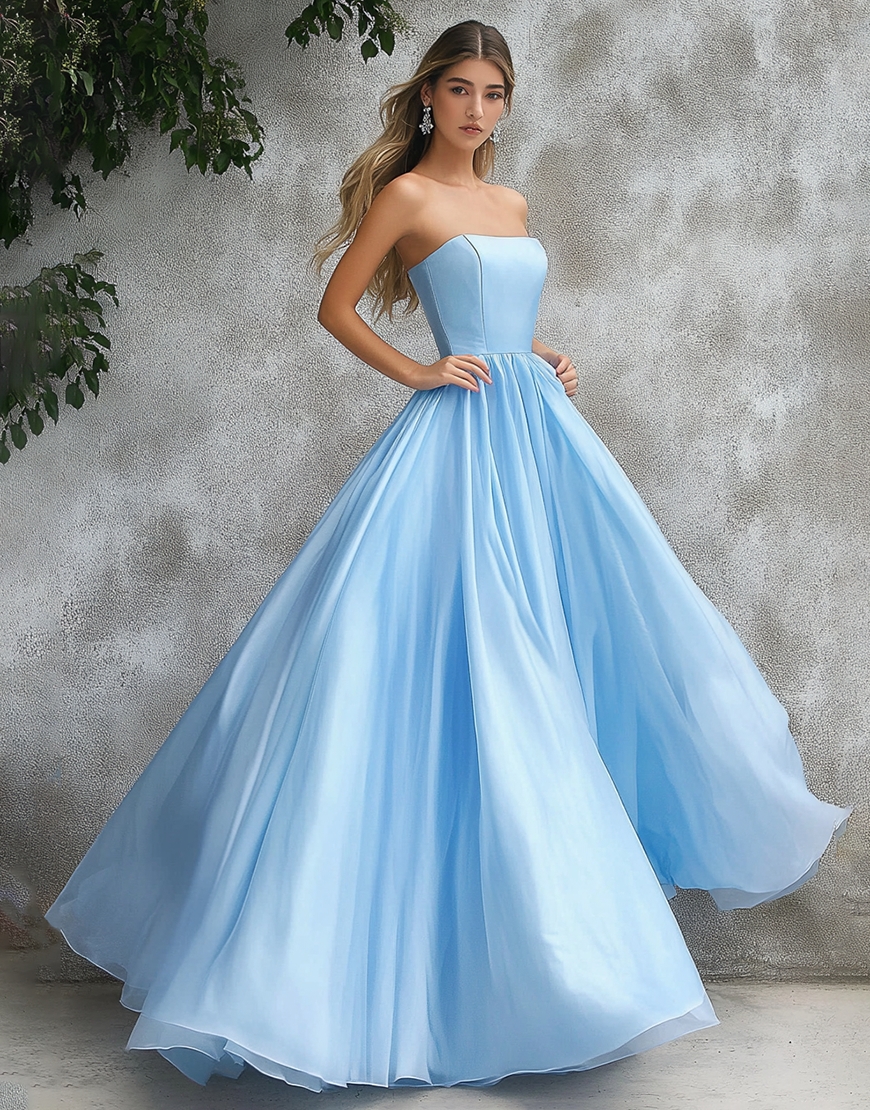 A Line Sky Blue Strapless Long Satin Prom Dress
