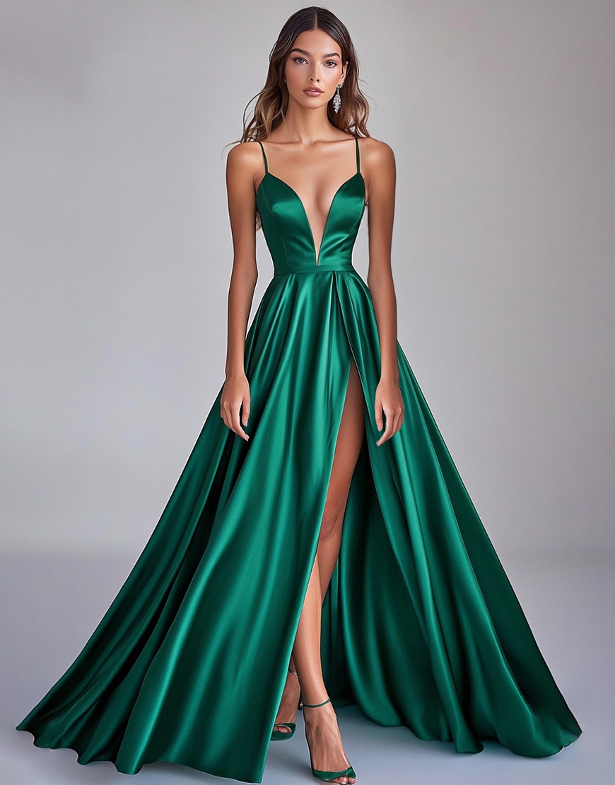 Dark Green A Line Spaghetti Straps Satin Long Prom Dress with Slit