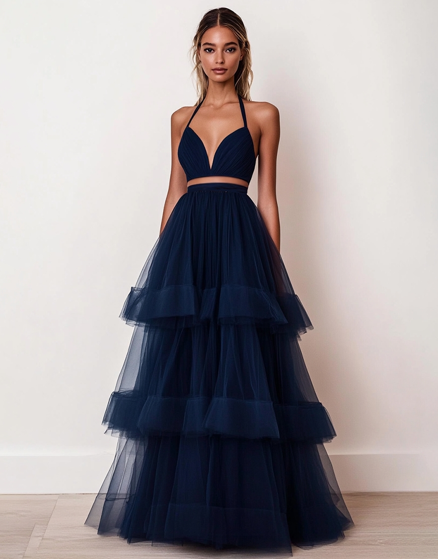 Navy A Line Halter Tulle Tiered Long Tulle Prom Dress