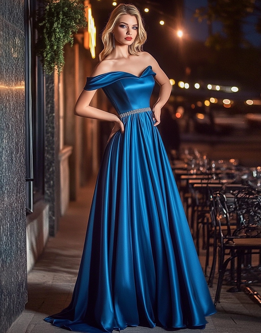 Royal Blue A Line One Shoulder Long Satin Prom Dress with Beading