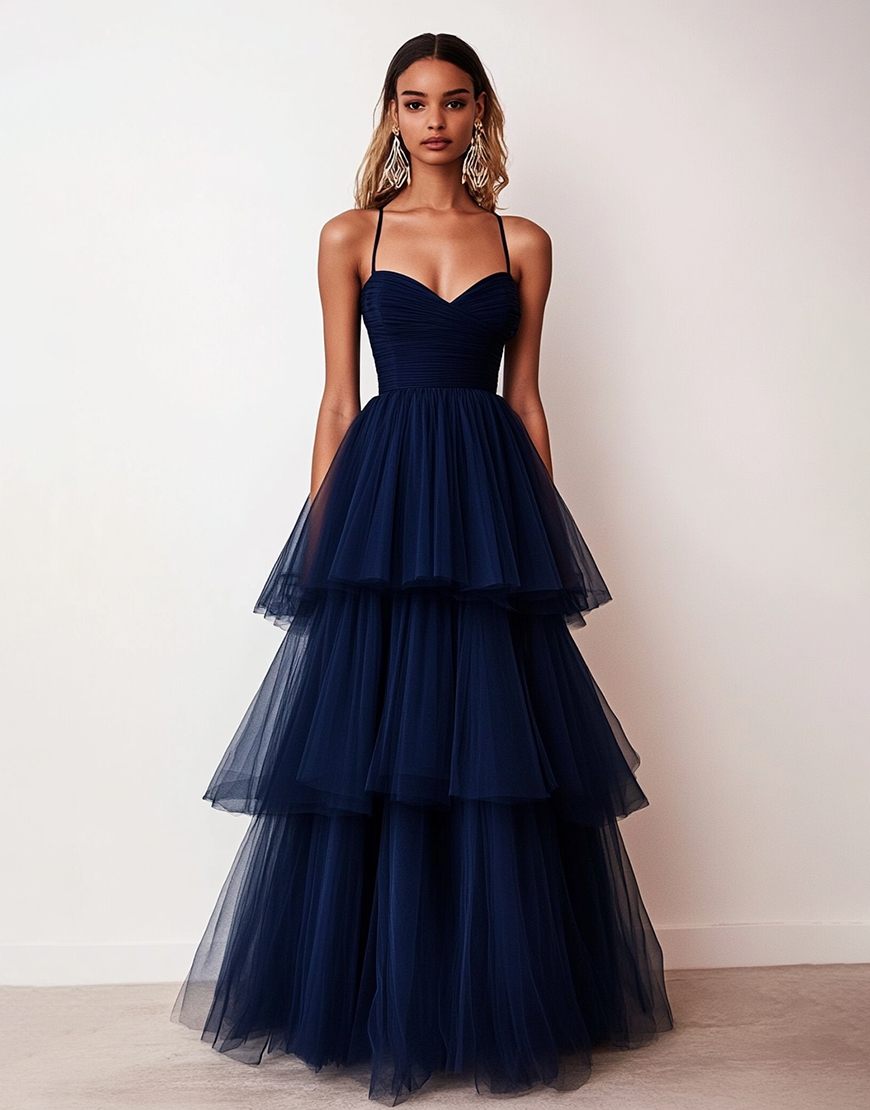 Navy A Line Spaghetti Straps Tiered Long Tulle Prom Dress