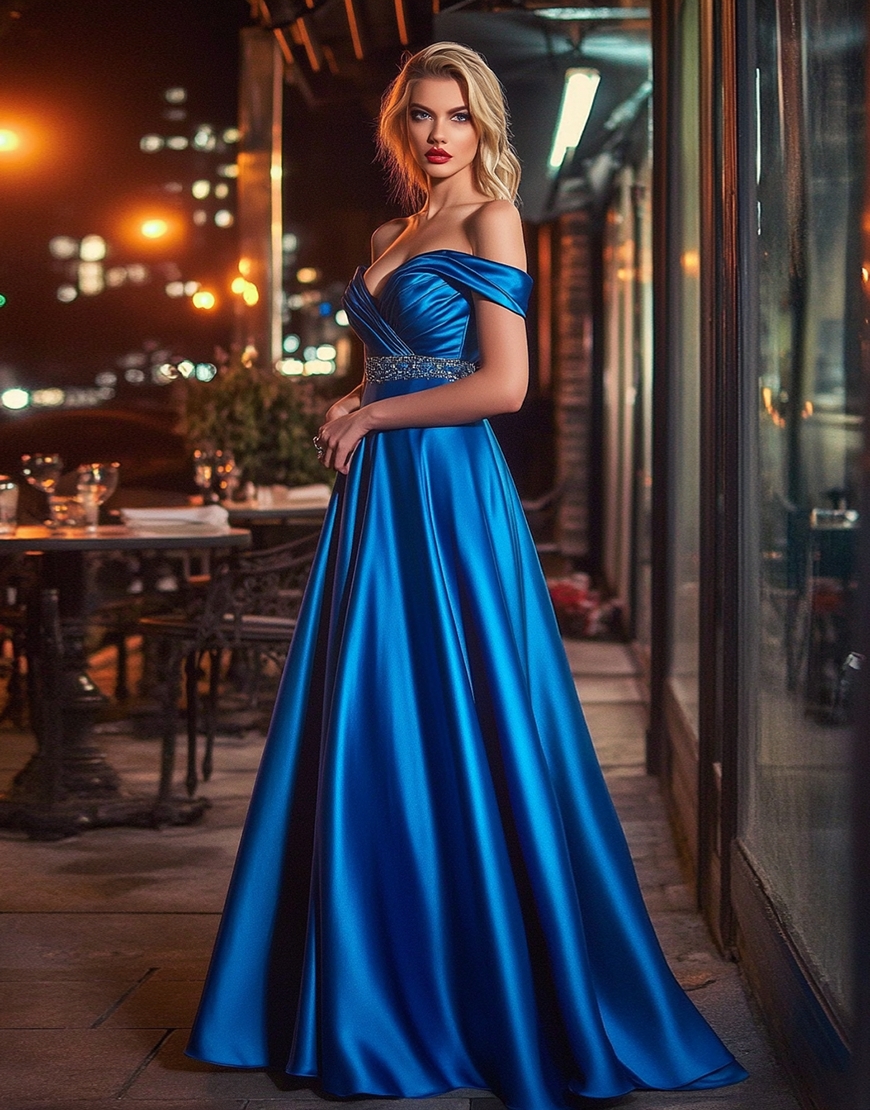 Royal Blue A Line Off the Shoulder Satin Beaded Long Prom Dress