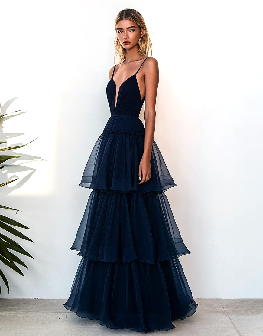 A Line Navy Tulle Spaghetti Straps Tiered Long Prom Dress