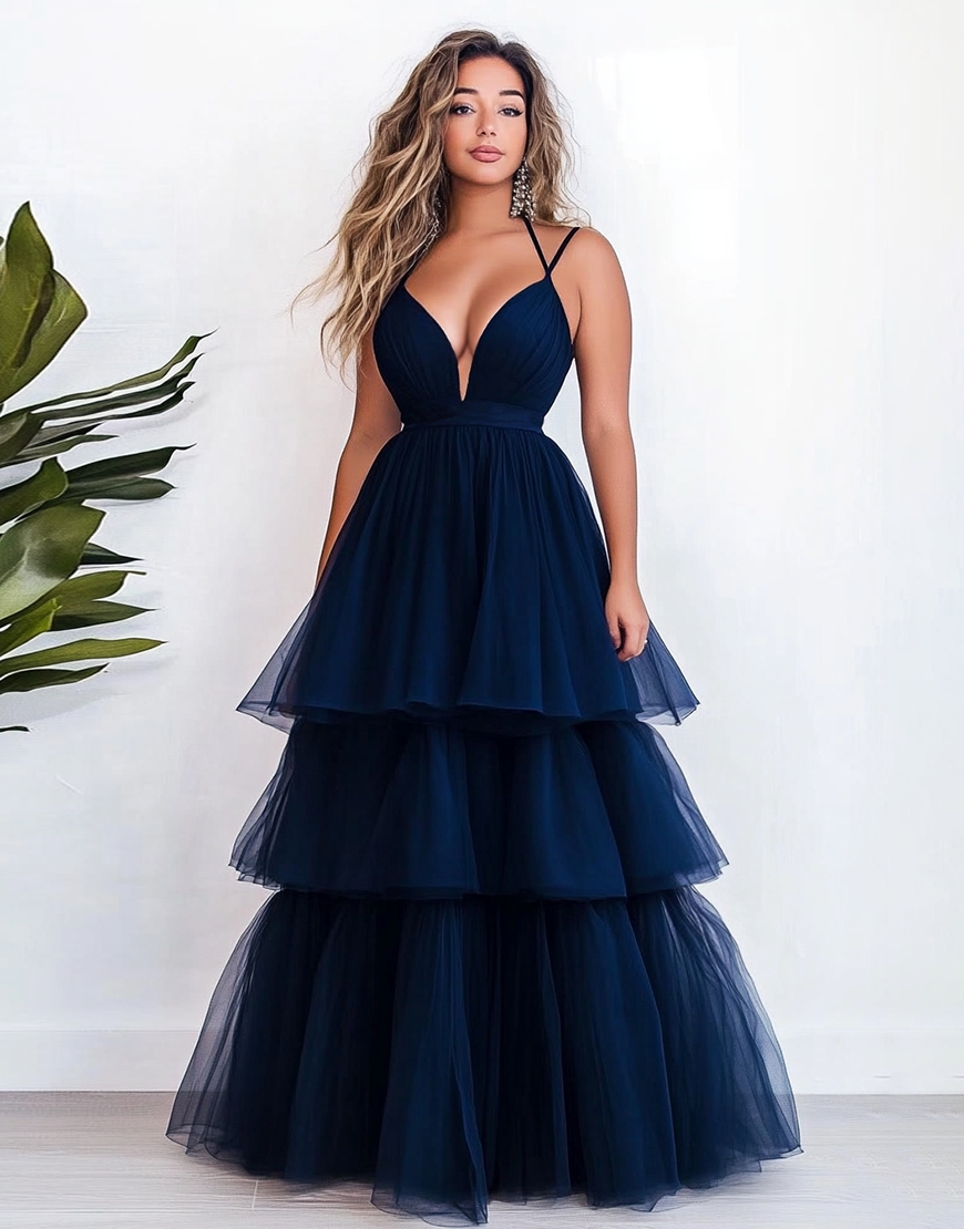 Navy A Line Spaghetti Straps Tiered Tulle Long Prom Dress