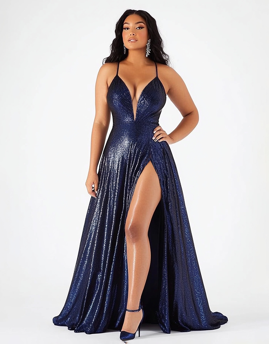 Sparkly Navy A Line Spaghetti Straps Sequin Long Prom Dress with Slit