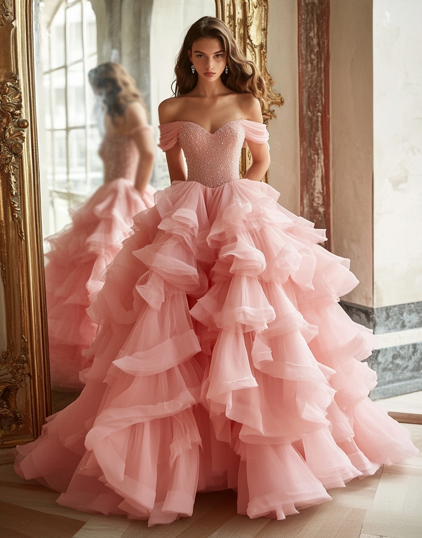 Pink Ball Gown Off the Shoulder Tulle Tiered Long Prom Dress