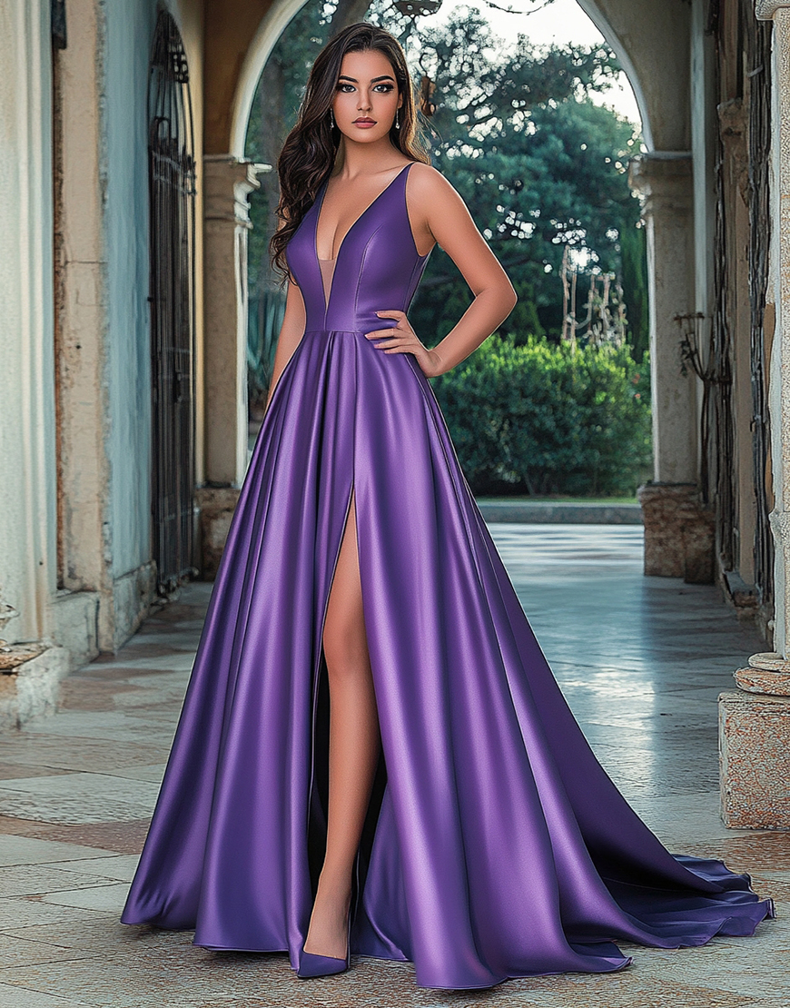 Plum A Line Satin Long Prom Dress with Slit