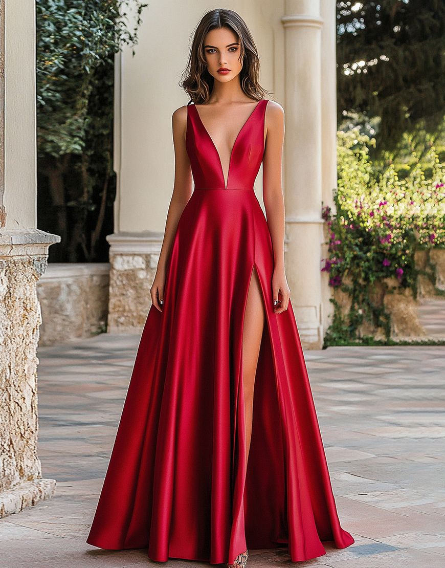 Red A Line Satin Long Prom Dress with Slit