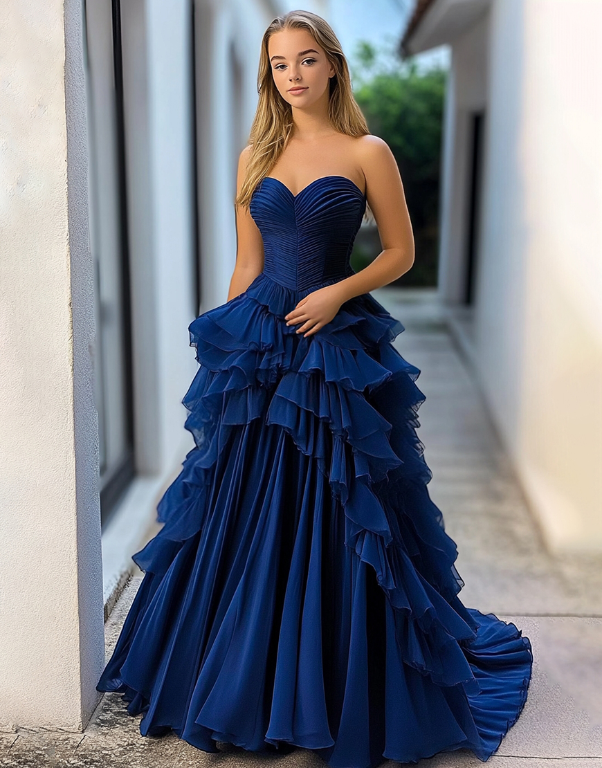 Navy A Line Sweetheart Tulle Long Prom Dress