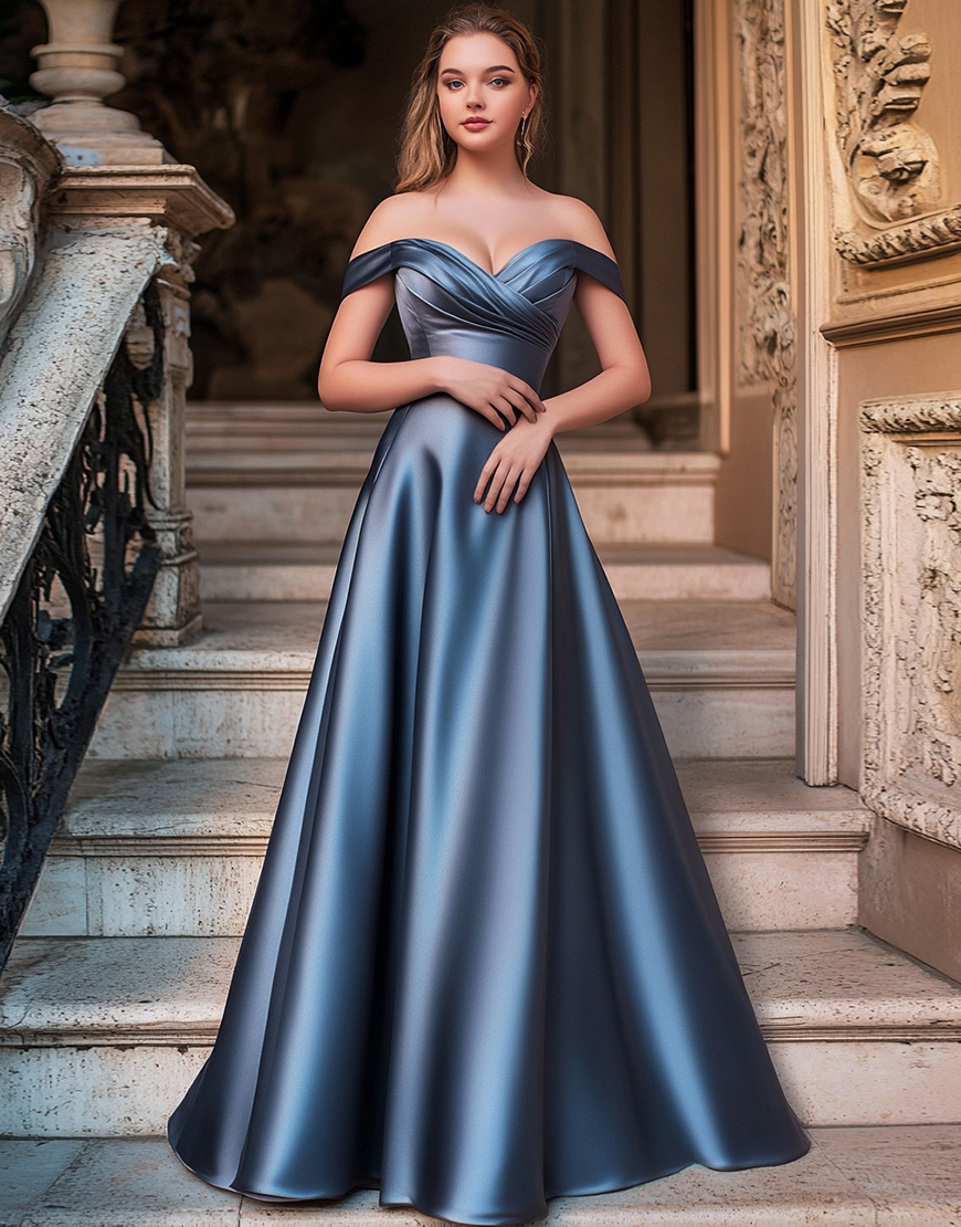 Dusty Blue A Line Ruched Satin Long Prom Dress