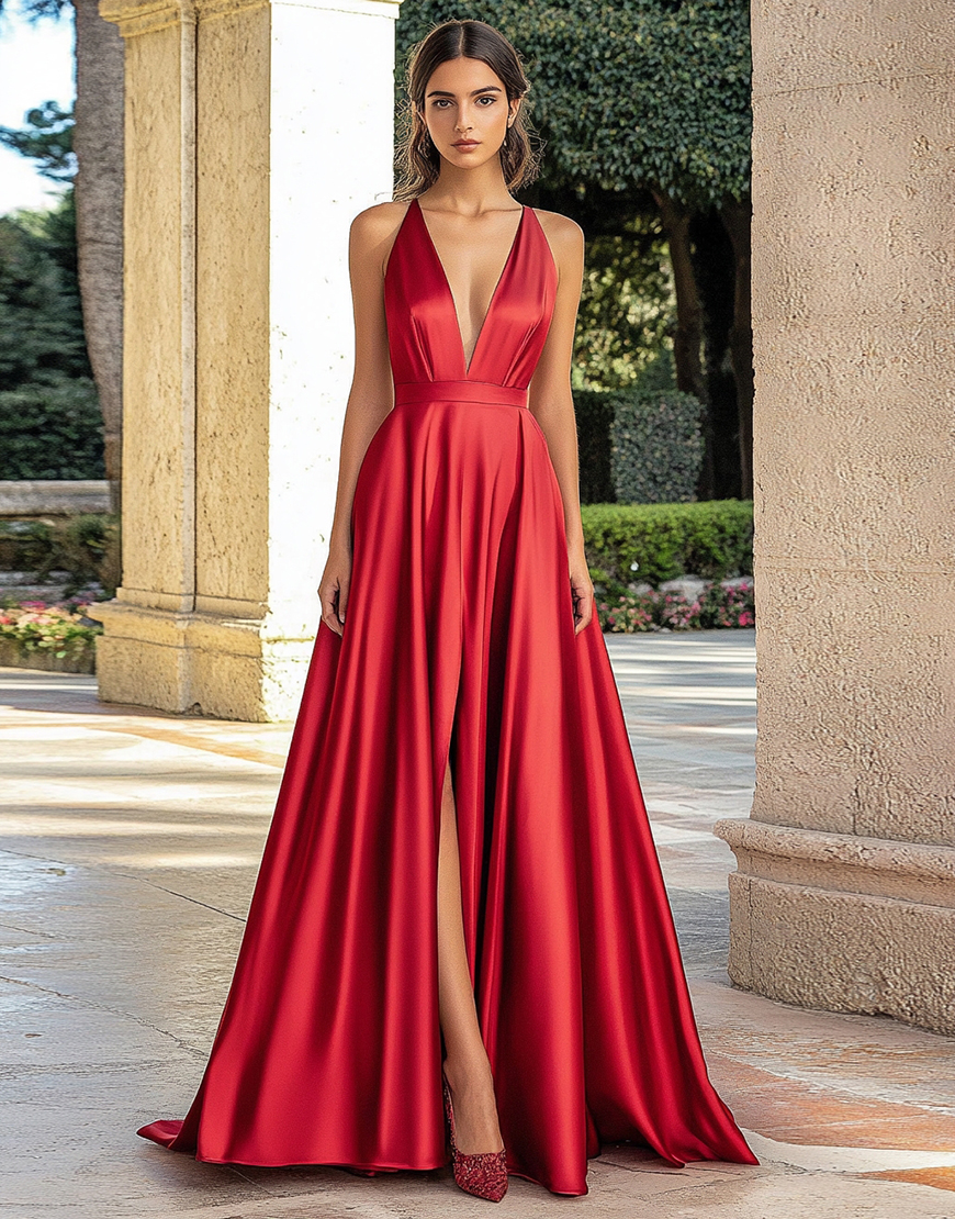 Red A Line Deep V-Neck Satin Long Formal Dress with Slit