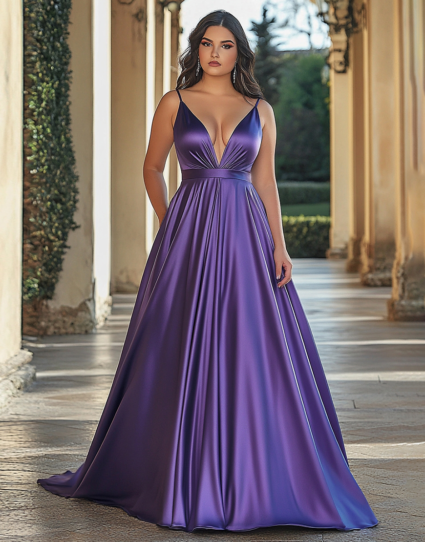Plum A Line Spaghetti Straps Satin Long Formal Dress