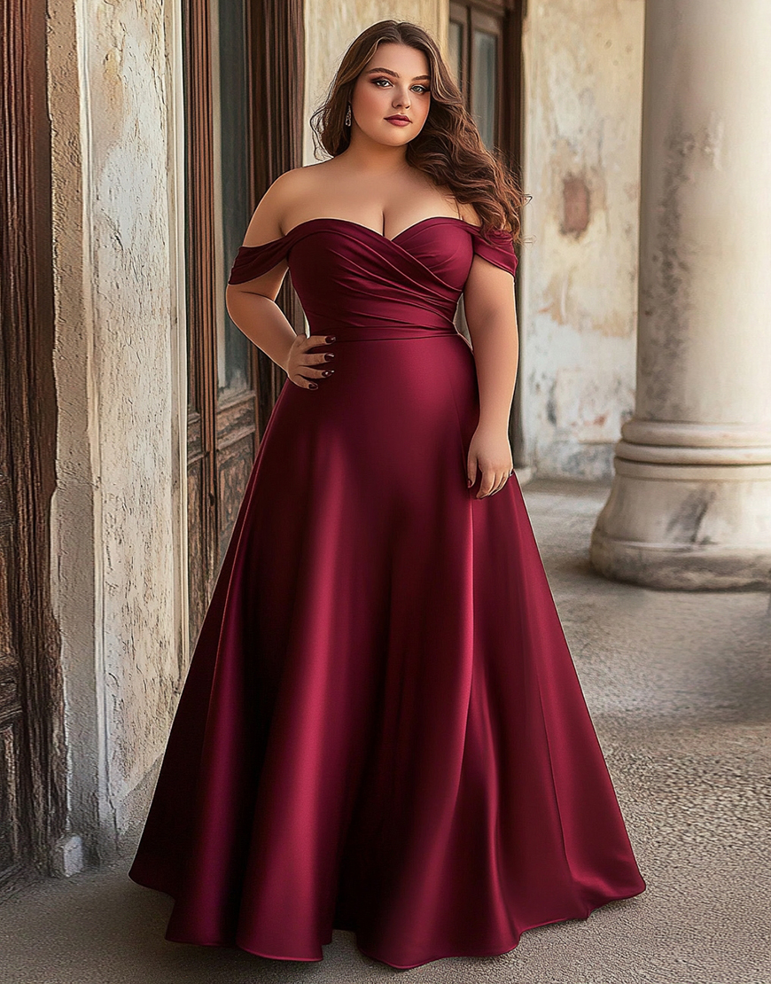 Plus Size Burgundy A Line Ruched Satin Long Formal Dress