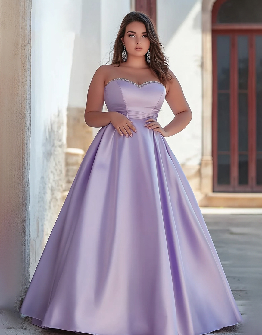 Plus Size Lilac A Line Satin Strapless Long Formal Dress
