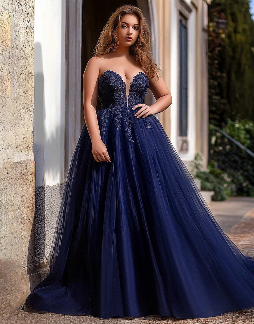 Plus Size Navy A Line Tulle Long Prom Dress with Lace