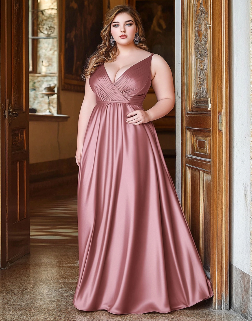 Dusty Rose A Line Satin Ruched Long Prom Dress