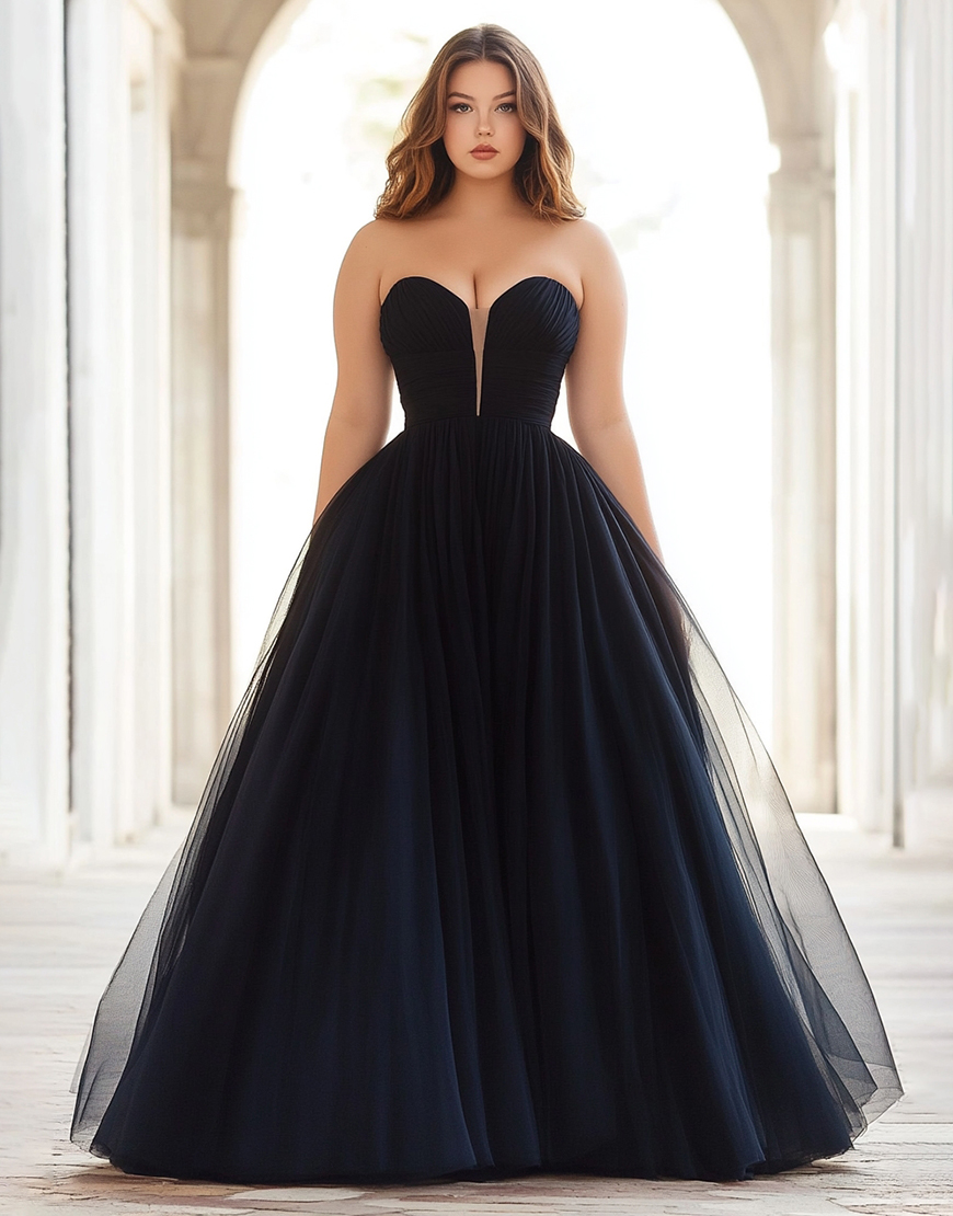 Black A Line Strapless Tulle Long Prom Dress